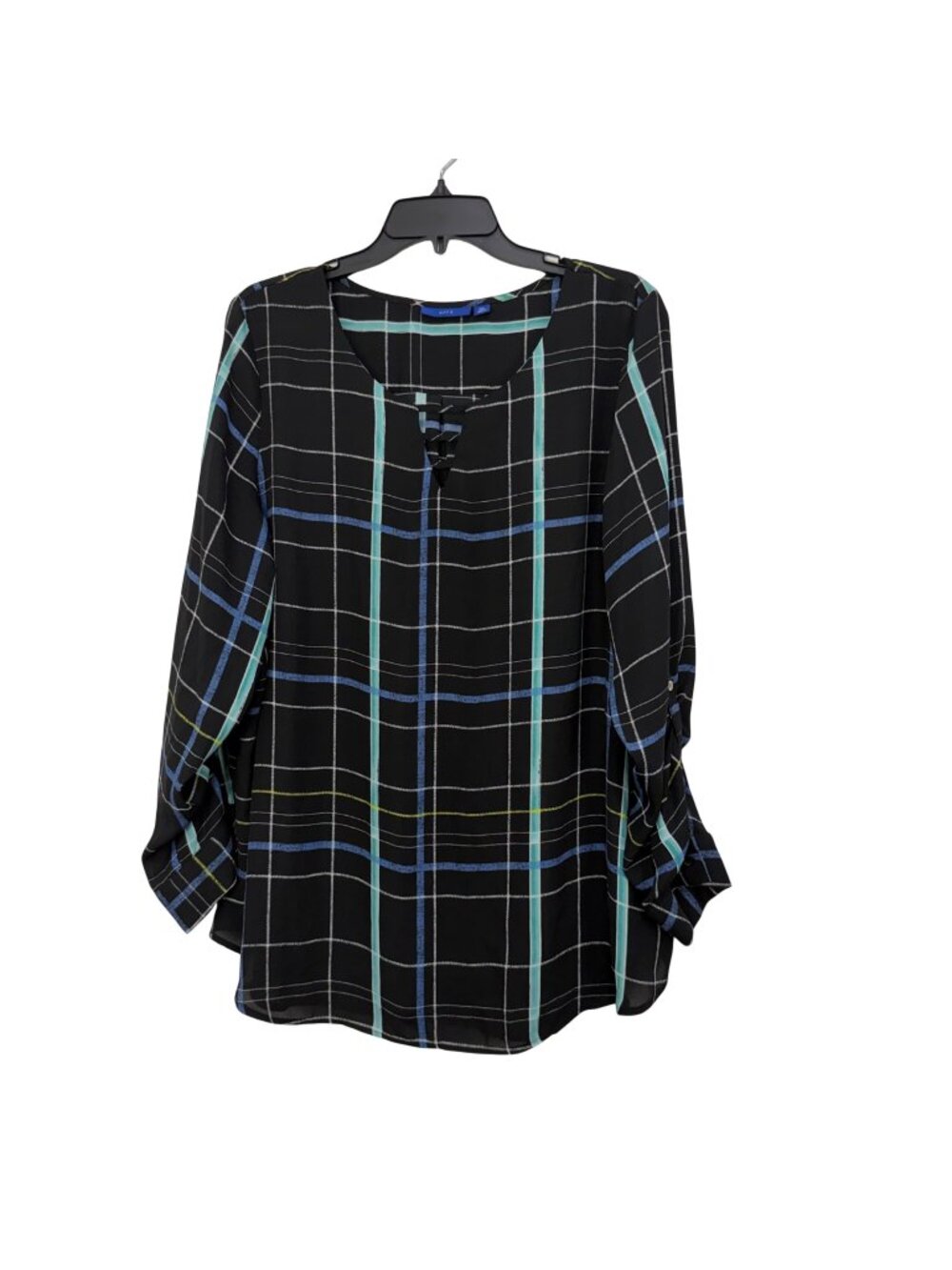 APT.9 Womens XXL Black Plaid Tunic Blouse W/ Lattice Neckline & Roll Tap Sleeves